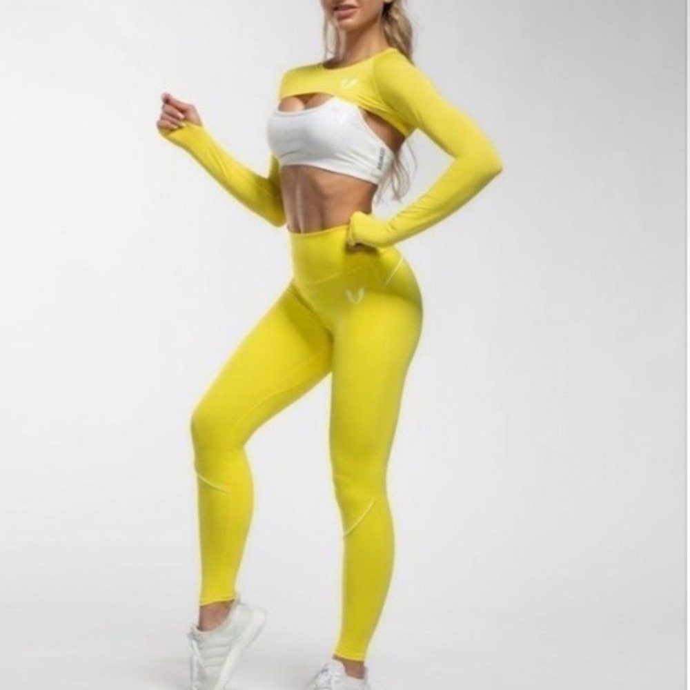 Firm Abs Womens High Waisted Neon Yellow Athletic‎ Leggings Compression Tights S